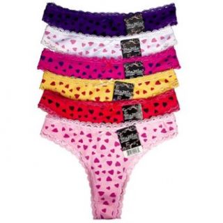 247 Frenzy Women's 12 Pack Heart Print Lace Trim Thongs (Large)