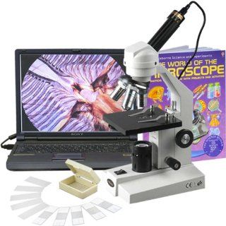 AmScope M200C PB10 WM E 40X 1000X Sturdy Student Compound Microscope + USB Camera, Slide Kit and Book Science Lab Compound Microscopes