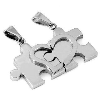 Couple Stainless Steel Jigsaw Bead Pendant Chain Lovers Necklace 20"l Jewelry
