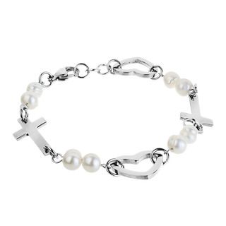 ELYA Steel FW Pearl Side Cross and Heart Bracelet (5 6 mm) West Coast Jewelry Pearl Bracelets