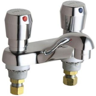 Chicago Faucets 4 in. Centerset 2 Handle Low Arc Bathroom Faucet in Chrome with Metering Push Button Handles 802 V665ABCP