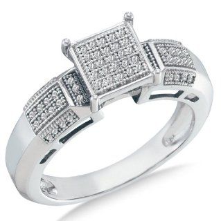 10K White Gold Diamond Engagement OR Fashion Right Hand Ring Band   Square Princess Shape Center Setting w/ Micro Pave Set Round Diamonds   (.15 cttw) Sonia Jewels Jewelry