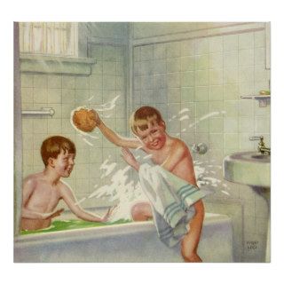 Vintage Children, Boys Brothers Splashing in Tub Poster