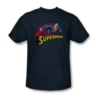 Superman   Flying Over Logo Distressed Adult T Shirt In Navy Clothing