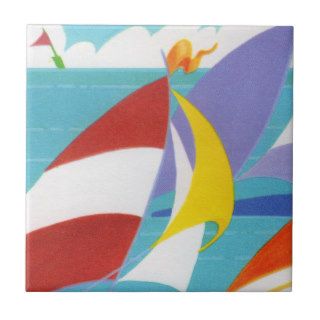 Vintage Colorful Abstract Sailboats in Water Tiles
