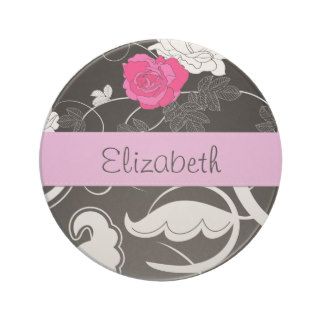 Your Name   Swirls, Flower   Black White Pink Coasters