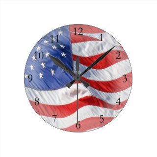 American Flag, Waving in Wind Round Wall Clock