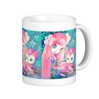 Girl With Pink Hair in Kimono With Kawaii Cat Mugs