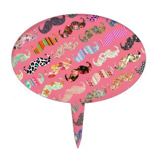 Funny Girly Colorful Pink Aztec Patterns Mustaches Cake Pick