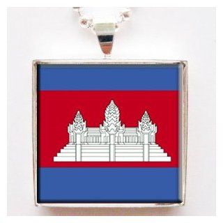 Flag of Cambodia Glass Tile Pendant Necklace with Chain Jewelry