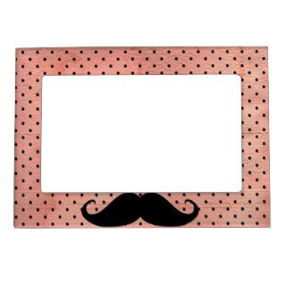 Funny Mustache On Cute Pink Polka Dot Background Frame Magnet