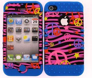3 IN 1 HYBRID SILICONE COVER FOR APPLE IPHONE 4 4S HARD CASE SOFT LIGHT BLUE RUBBER SKIN ZEBRA PEACE LB TE322 S KOOL KASE ROCKER CELL PHONE ACCESSORY EXCLUSIVE BY MANDMWIRELESS Cell Phones & Accessories