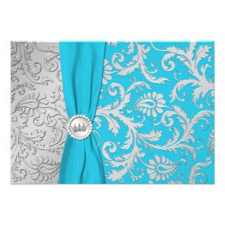 Turquoise and Silver Damask Quinceanera RSVP Card Invite