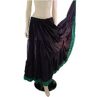 Belly Dancing Circle Skirt, with 3 tiers, 340" hem, Black cotton with Purple, Red or Green trim at bottom, Black/Green Clothing