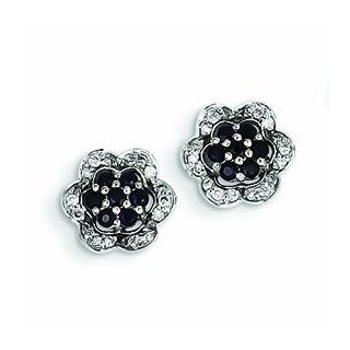 Genuine 14K White Gold Diamond & Sapphire Flower Post Earrings 1.6 Grams of Gold Dangle Earrings Jewelry