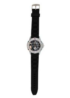 Black Silicone Buckle Band Large Numbered Watch with Rhinestones Watches