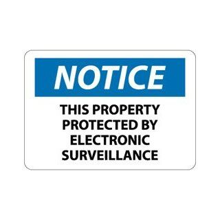 NMC N353AB OSHA Sign, Legend "NOTICE   THIS PROPERTY PROTECTED BY ELECTRONIC SURVEILLANCE", 14" Length x 10" Height, Aluminum, Black/Blue on White Industrial Warning Signs