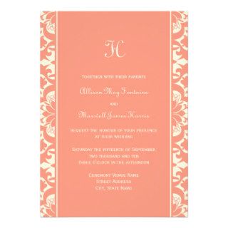 Monogram Wedding Invitation  Coral Peach Damask