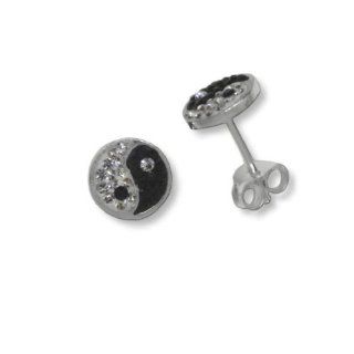 Yin Yang Post Stud Earrings with Pave Crystals Sterling Silver 8mm Diameter Jewelry