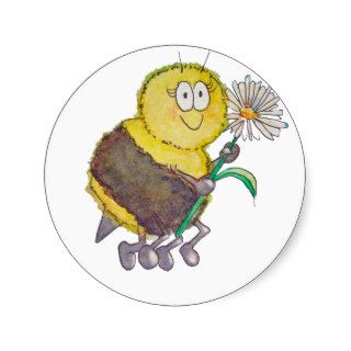 Whimsical Watercolor Happy Bee Flower Fun Round Sticker