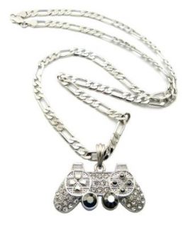 New Iced Out Silver Tone PS3 Game Controller Pendant Necklace w/ 5mm 24" Figaro Chain MSP381R Clothing