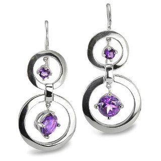 CleverEve Luxury Series Sterling Silver French Wire Twin Circle Earrings w/ Genuine Natural 3mm & 7mm Amethyst Stones Dangle Earrings Jewelry