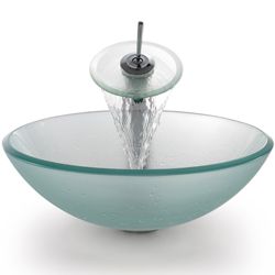Kraus Frosted Glass Round Vessel Sink and Waterfall Faucet Kraus Sink & Faucet Sets