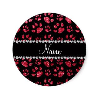Personalized name crimson red glitter cat paws round sticker