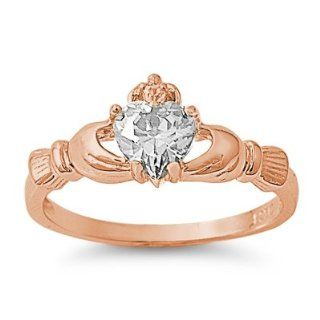 9mm 2ctw 18k rose Gold Plated .925 Sterling Silver April Clear White Topaz Irish Royal Heart Claddagh Ring 4 10 .925 Fine Italian Sterling Silver Jewelry