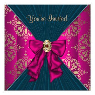 Hot Pink Gold Damask Black Tie Party Custom Invites