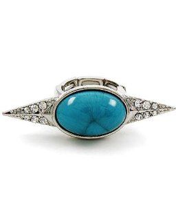 Silvertone Clear Rhinestone Imitation Turquoise Stretch Ring Jewelry