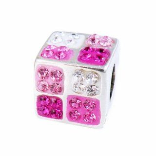 925 Sterling Silver Cube Spacer Bead for Pandora Bracelet with Pink Cubic Zirconia October Birthstone Fit Pandora Chamilia Trollbeads and All Charm Bracelets Jewelry