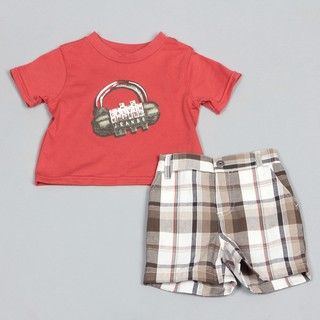 Calvin Klein Infant Boy's Red Graphic Tee and Plaid Short Set FINAL SALE Calvin Klein Boys' Sets