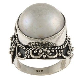 Kabella Lily B Silver Round Mabe Pearl Rope and Swirl Design Ring (15 mm) Kabella Jewelry Pearl Rings