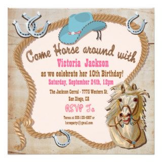 Rustic Western Cowgirl Horse Birthday Invitations