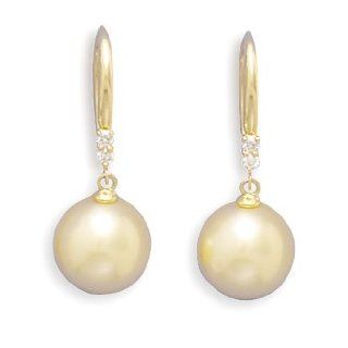 10mm Cultured South Sea Pearl and Diamond 18K Yellow Gold French Wire Earrings Jewelry