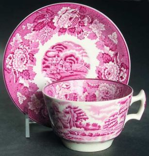 Enoch Wood & Sons English Scenery Pink (Older,Smooth) Flat Cup & Saucer Set, Fin