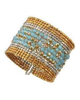 Bead/Crystal Wire Cuff, Blue Green/Gold