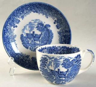 Wedgwood Romantic England Blue Flat Cup & Saucer Set, Fine China Dinnerware   Bl
