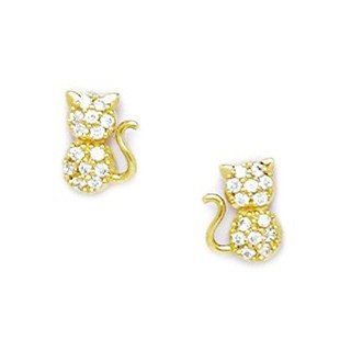 14k Yellow Gold CZ Cat Screwback Earrings   Measures 8x6mm   JewelryWeb Stud Earrings Jewelry