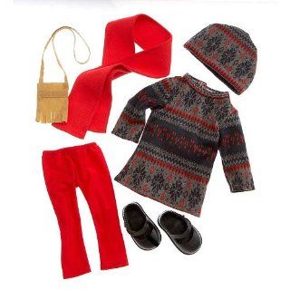Journey Girls Doll 18 inch Fashion Outfit   Gray & Red Sweater with Hat, Red Leggings and Black Mary Jane Shoes Toys & Games