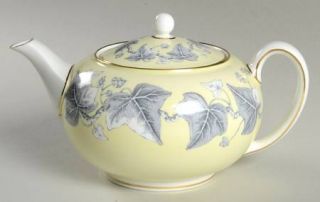 Wedgwood Josephine Yellow Teapot & Lid, Fine China Dinnerware   Yellow Rim, Gray
