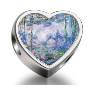 Soufeel 925 Sterling Silver art Of Water Lilies Painting Heart Photo European Charms Fit Pandora Bracelets Bead Charms Jewelry
