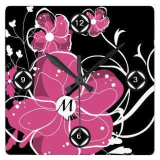 Monogrammed Modern Pink and White Floral Design Square Wall Clocks