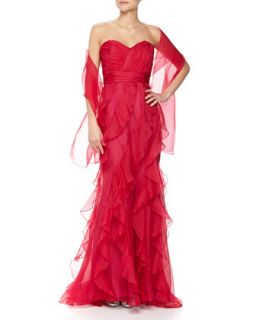 Strapless Ruffled Voile Gown, Bright Rose