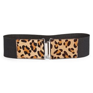 Stretch Belt with Calf Hair Print Tabs, Leopard, Womens