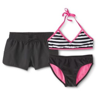 Girls Striped Bikini Top, Swim Bottom and Board Short Set   Black/Pink S