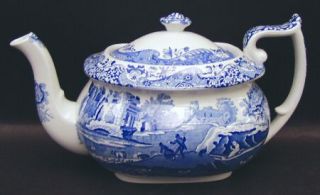 Spode Blue Italian (Older,Scalloped) Teapot & Lid, Fine China Dinnerware   Older