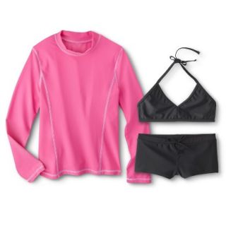 Girls Long Sleeve Rashguard, Swim Bottom and Bikini Top Set   Black/Pink L
