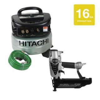 Hitachi 3 Piece 16 Gauge x 2.5 in. Finish Nailer, 6 Gal. Oil Free Pancake Compressor and Air Hose Kit KCP 65M H